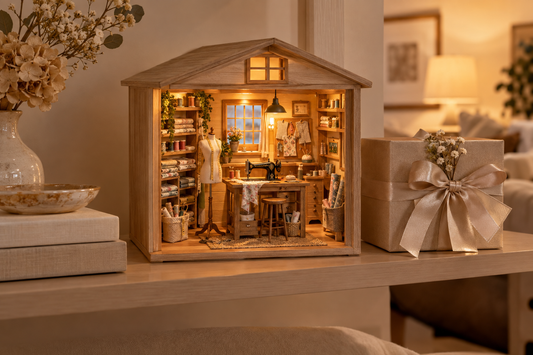 Atelier de couture miniature en bois éclairé de l’intérieur, avec machine à coudre, tissus et mannequin, posé sur une étagère à côté d’un cadeau au ruban de satin.