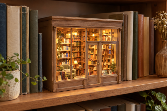 Librairie miniature en bois éclairée, avec livres colorés, échelle et fauteuil, entre de vrais livres.