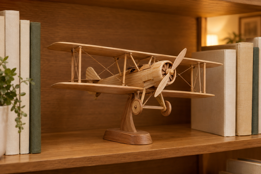 Maquette de biplan vintage en bois naturel sur son socle, entre des livres, sous une lumière chaude.