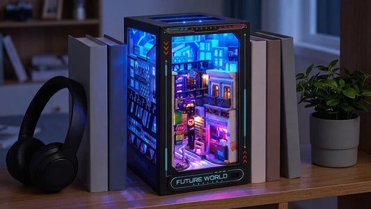 La Ruelle Néon montée et allumée en bleu et magenta entre des livres sur une étagère de chambre le soir, avec un casque audio et une petite plante posés à côté