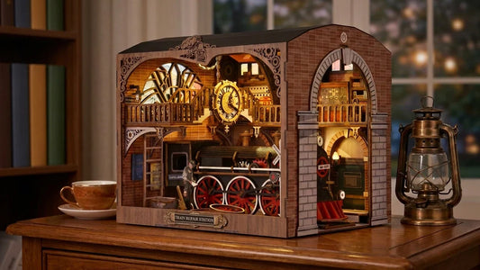 La maison miniature Atelier des Locomotives montée et allumée sur une commode en bois, avec sa locomotive à vapeur sous les arches de briques, entre une tasse de thé et une vieille lanterne.