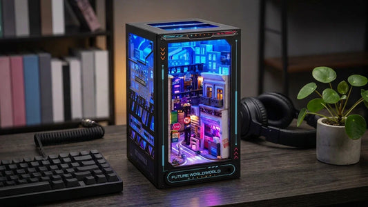 Le book nook Ruelle Néon monté et allumé en bleu et magenta sur un bureau sombre, à côté d'un clavier mécanique, d'un casque audio et d'une petite plante en pot.