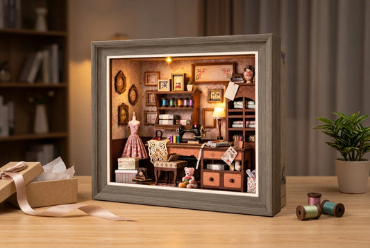 Le book nook L'Atelier de Couture de Lily monté et allumé sur un bureau en bois clair, à côté d'une boîte cadeau ouverte avec papier de soie et ruban, de bobines de fil et d'une plante verte