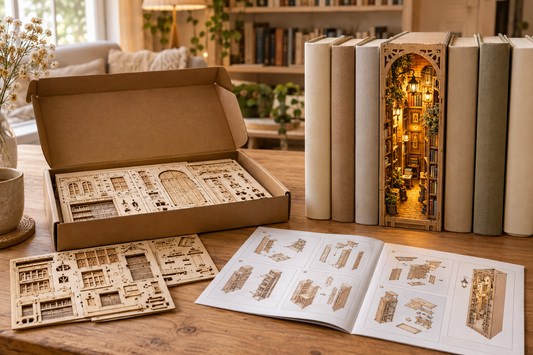 Colis en carton kraft ouvert contenant des pièces en bois prédécoupées, notice illustrée et book nook terminé éclairé entre des livres sur une table en bois.