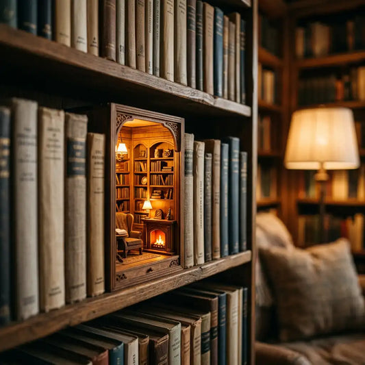Book nook miniature en bois représentant une petite bibliothèque avec cheminée et fauteuil, glissé entre des livres sur une étagère éclairée d'une lumière ambre chaleureuse