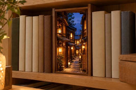 Book nook en bois représentant une ruelle de Kyoto au crépuscule, aux maisons traditionnelles et lanternes allumées, entre des livres sur une étagère.