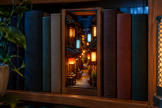 Book nook en bois entre des livres, représentant une étroite ruelle japonaise nocturne éclairée de lanternes en papier, dans une ambiance chaude et bleutée.