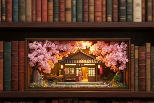 Book nook sakura en bois glissé entre des livres, boutique japonaise sous les cerisiers en fleurs, LED allumée