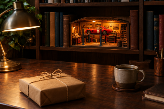 Cadeau homme 40 ans : paquet cadeau sur un bureau et scène miniature de garage éclairée dans une bibliothèque
