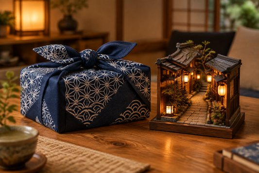 Cadeau emballé dans un furoshiki indigo à motifs traditionnels, posé sur une table en bois près d’une ruelle japonaise miniature aux lanternes allumées.