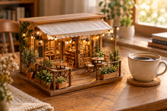 Café miniature en bois avec terrasse, plantes et guirlande lumineuse, posé près d’une vraie tasse de café.