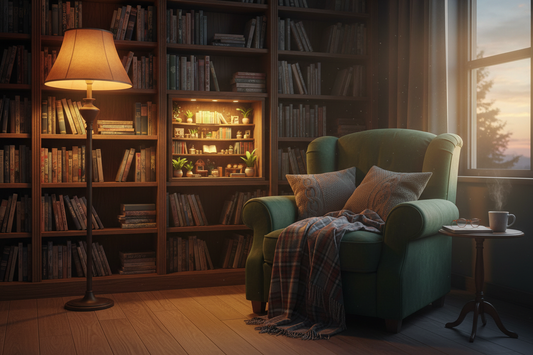 Coin lecture cocooning avec fauteuil, plaid et un book nook éclairé sur l'étagère