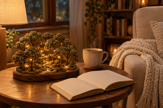 Forêt miniature en bois illuminée comme des lucioles, près d’un thé fumant, d’un livre ouvert et d’un plaid.