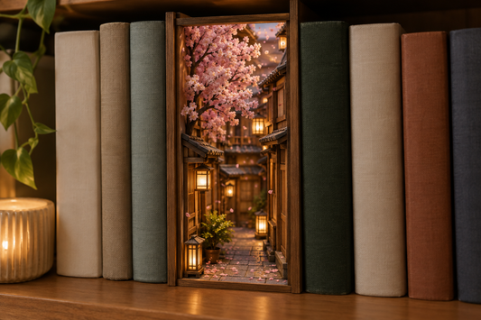 Book nook en bois entre des livres, représentant une ruelle japonaise avec un sakura rose, des pétales de cerisier et de petites lanternes allumées dans la douce lumière du soir.