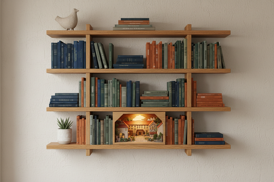 Étagère murale en bois composée avec des livres, une plante et un book nook éclairé