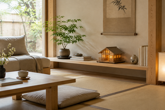 Salon épuré d’inspiration japonaise avec bois clair, tatami et plante verte, où une maison miniature en bois illuminée repose sur une étagère basse.
