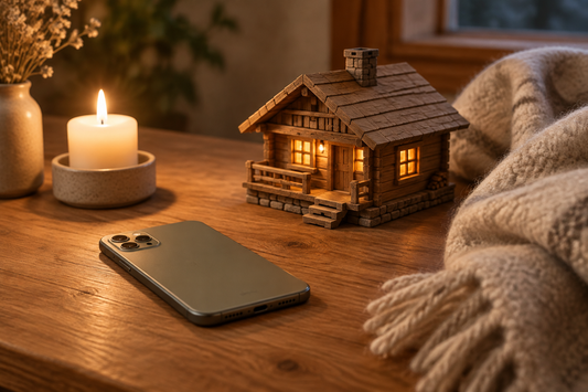 Smartphone posé écran contre une table en bois, près d’un refuge de montagne miniature éclairé, d’une bougie et d’un plaid en laine.
