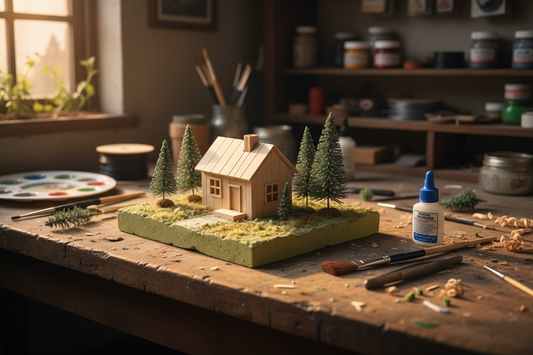 Petit diorama en bois en cours de réalisation sur une table d'atelier, pinceau, pince et colle à côté