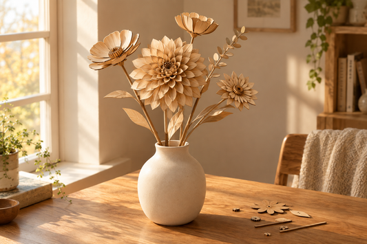 Dahlia et fleurs en bois finement découpées dans un vase en céramique, sur un bureau près d’une fenêtre baignée de lumière dorée, avec quelques pièces à assembler.