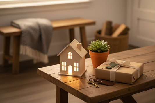 Idée cadeau de crémaillère : petite maison miniature en bois éclairée à côté d'un paquet kraft
