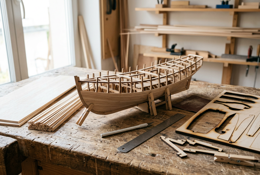 Rumpf eines Segelschiffmodells im Bau auf seinen Spanten, umgeben von Balsaholzplatten, Lindenholzleisten und einer lasergeschnittenen Sperrholzplatte auf einer Werkbank
