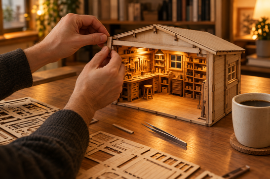 Mains d’un adulte assemblant un garage miniature en bois éclairé, sur un bureau avec pièces prédécoupées, pince fine et tasse de café, dans une lumière chaude de soirée.