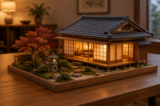 Maison japonaise traditionnelle miniature en bois, avec shoji éclairés, toit en tuiles, véranda engawa et jardin avec érable et lanterne en pierre, sur une table en bois.