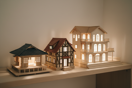 Trois maquettes de maisons en bois de tailles différentes éclairées de l'intérieur sur une étagère