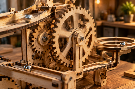 Gros plan d’une maquette mécanique en bois, avec engrenages, rails et billes en acier en mouvement, sur un bureau en bois éclairé par une lumière chaude latérale.