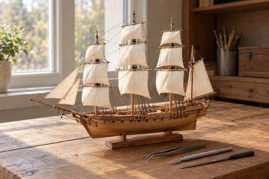Maquette de voilier trois-mâts en bois, voiles écrues, près d’une fenêtre et d’outils de précision.