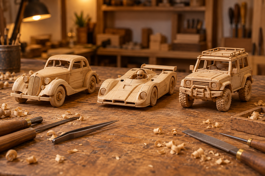 Trois maquettes de voitures en bois, ancienne, de course et tout-terrain, alignées sur un établi avec outils et copeaux.