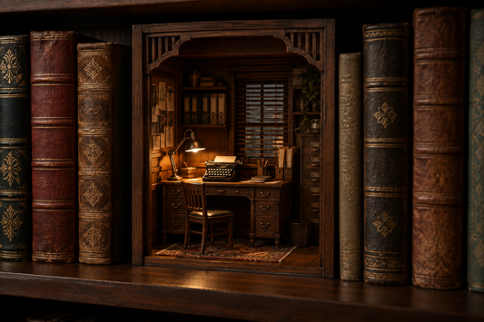 Bureau d’enquêteur miniature en bois, éclairé par une petite lampe, avec classeurs et machine à écrire, niché entre des livres anciens sur une étagère sombre.