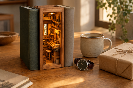 Cadeau homme 50 ans : un book nook en bois éclairé entre deux livres, à côté d'une montre et d'un paquet cadeau