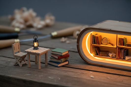 Pièces miniatures en bois posées sur une table, book nook éclairé en arrière-plan