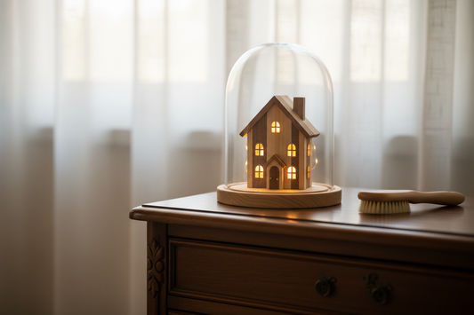 Maison miniature en bois éclairée protégée sous une vitrine en verre sur une commode