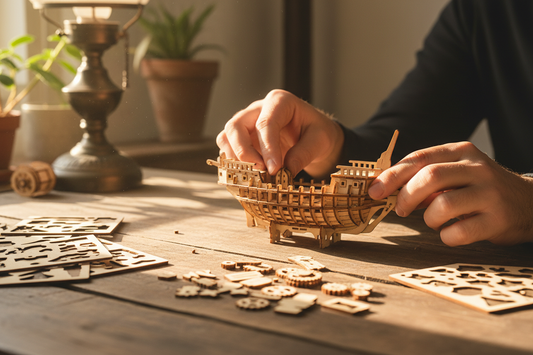 Mains d'adulte assemblant un puzzle 3D en bois sur une table, pièces prédécoupées au premier plan