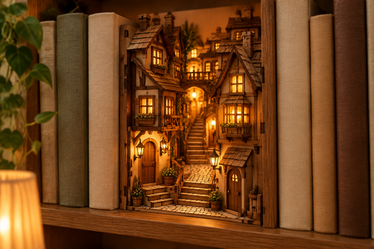 Ruelle miniature en bois aux petites maisons éclairées par des LED chaudes, installée entre des livres sur une étagère de bibliothèque le soir.