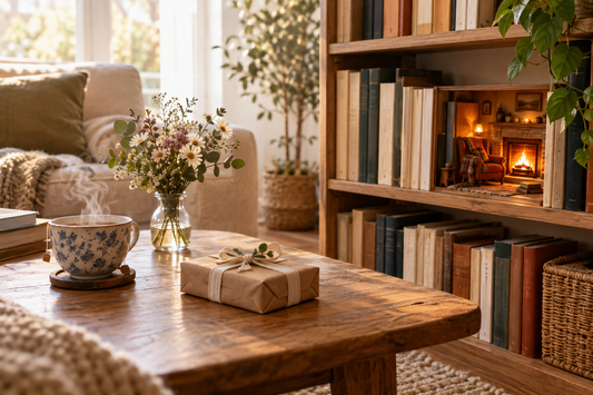 Salon chaleureux à la lumière de l'après-midi : un book nook éclairé entre les livres de la bibliothèque, une tasse de thé et un petit paquet cadeau sur la table basse