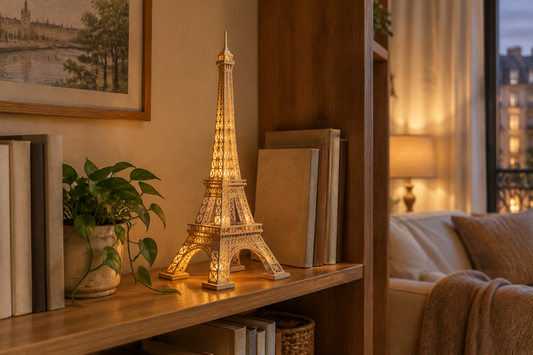 Maquette de Tour Eiffel en bois naturel éclairée par des LED chaudes, posée sur une étagère de salon avec des livres et une plante.
