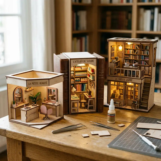 Tres tiendas en miniatura de madera sobre una mesa de taller: salón de belleza, taller de costura y librería.