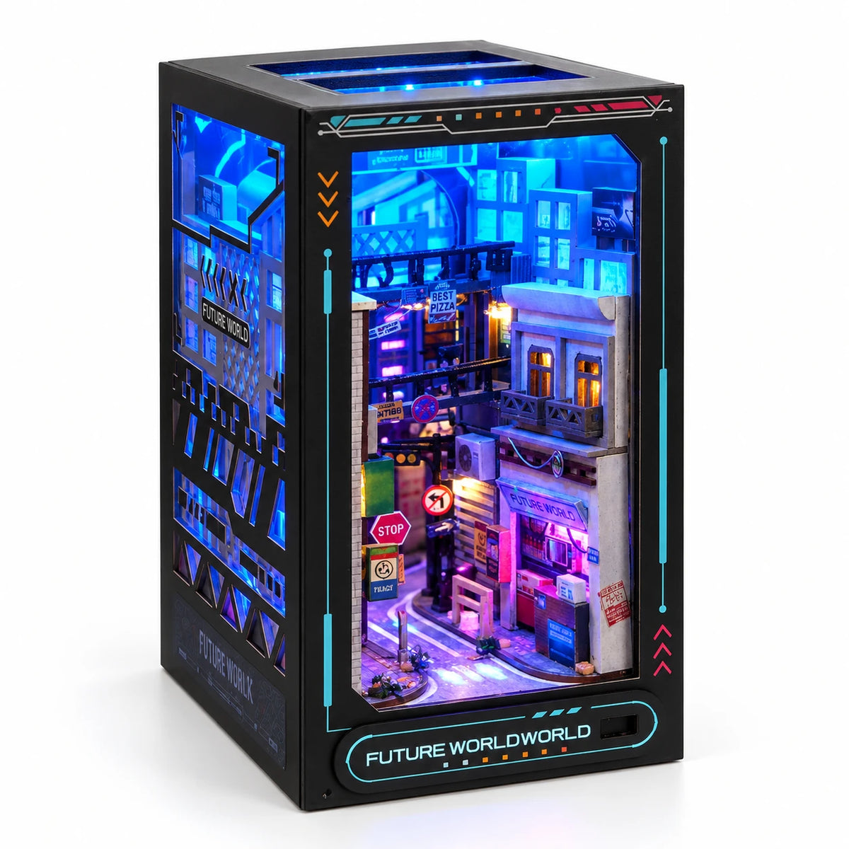Ruelle Néon — book nook cyberpunk LED bleu et magenta, vue principale