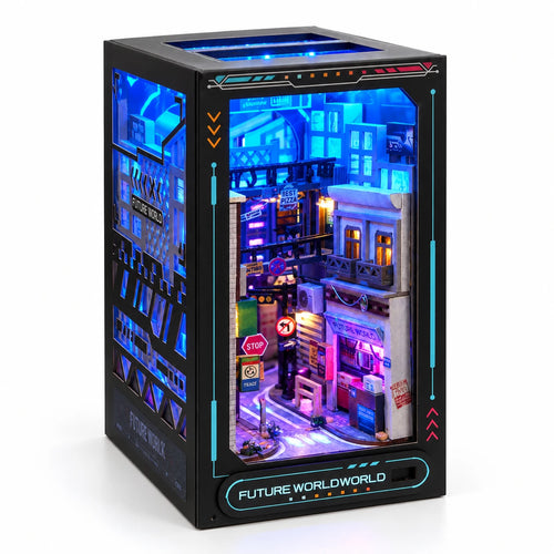 Ruelle Néon — book nook cyberpunk LED bleu et magenta, vue principale