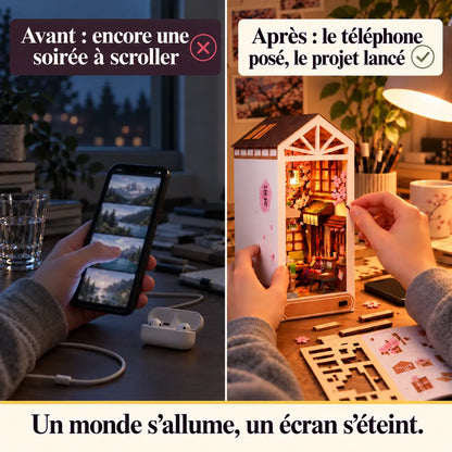 Avant : une soirée à scroller sur le téléphone. Après : le téléphone posé, le book nook Pluie de Sakura en construction