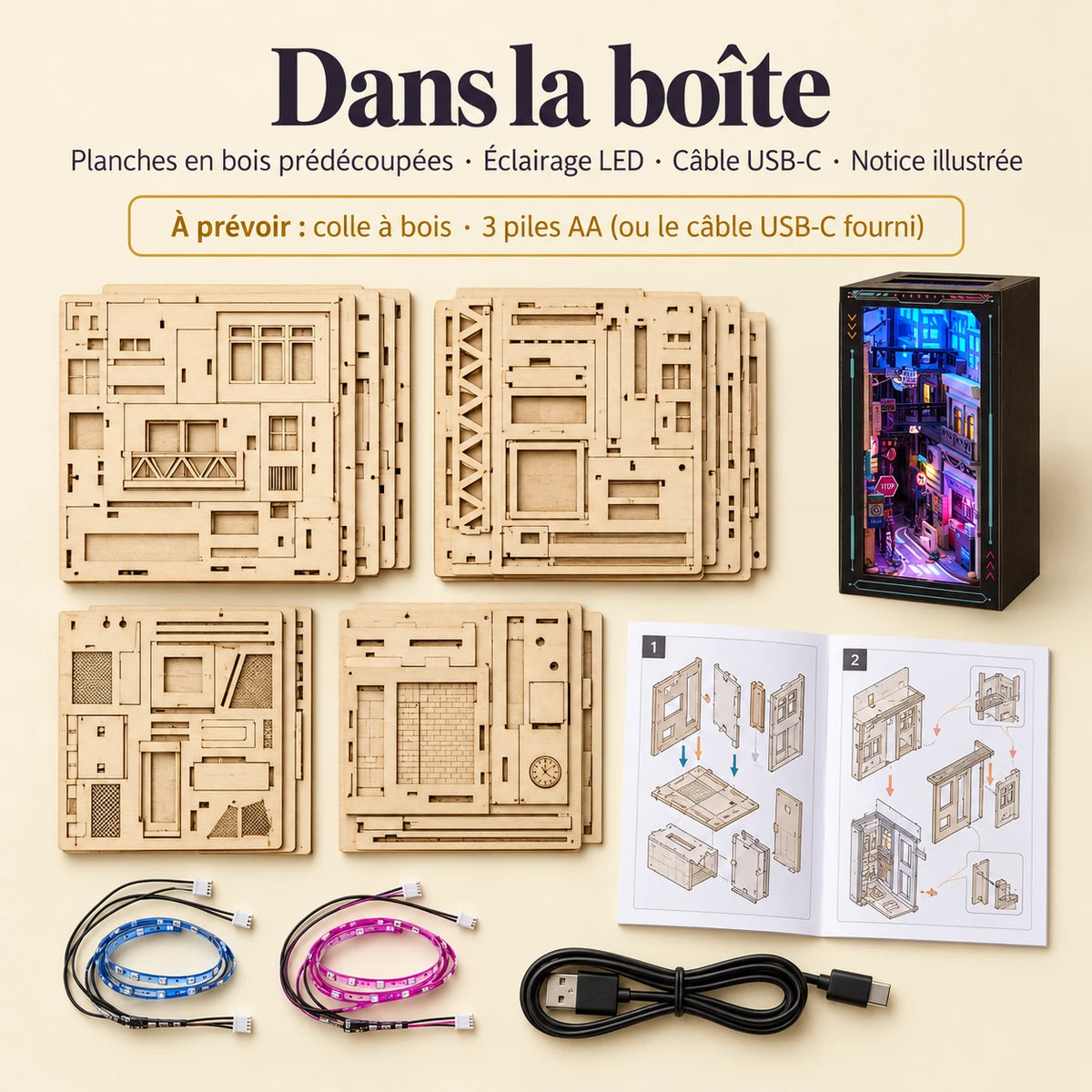 Contenu du kit Ruelle Néon — bois prédécoupé, LED, câble USB-C et notice