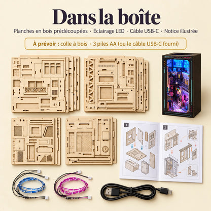 Contenu du kit Ruelle Néon — bois prédécoupé, LED, câble USB-C et notice