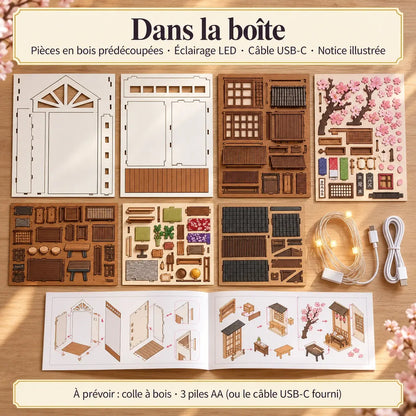 Contenu de la boîte : planches de pièces en bois prédécoupées, guirlande LED, câble USB-C et notice illustrée