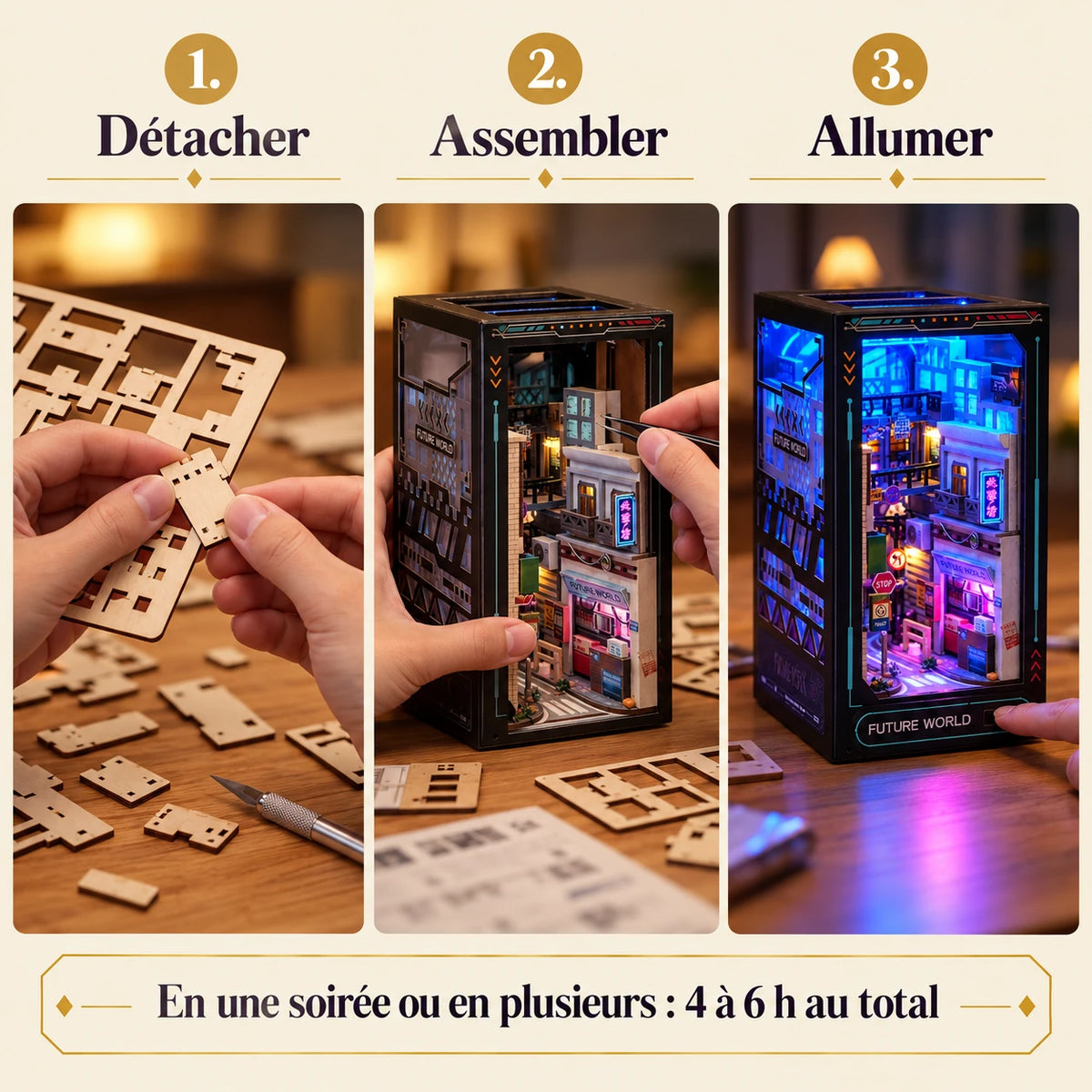 Montage du book nook Ruelle Néon en trois étapes : détacher, assembler, allumer
