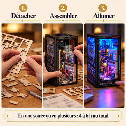 Montage du book nook Ruelle Néon en trois étapes : détacher, assembler, allumer