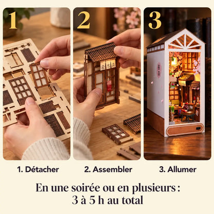 Montage en 3 étapes : détacher les pièces en bois, les assembler, puis allumer la LED. 3 à 5 h au total
