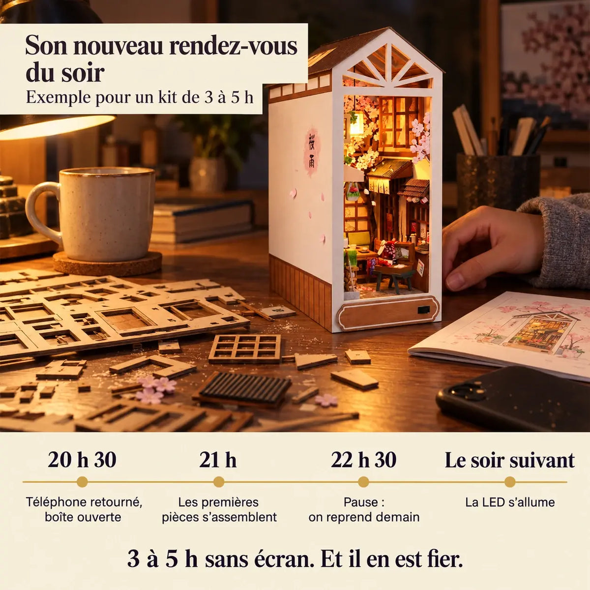 Une soirée de montage : téléphone retourné à 20 h 30, premières pièces à 21 h, la LED s'allume le soir suivant
